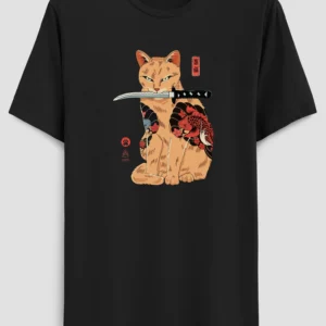 Cool Katana Cat Black Half Sleeve T-Shirt